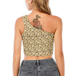 Beige Paw And Bone Pattern Print One Shoulder Crop Top
