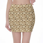 Beige Paw And Bone Pattern Print Pencil Mini Skirt
