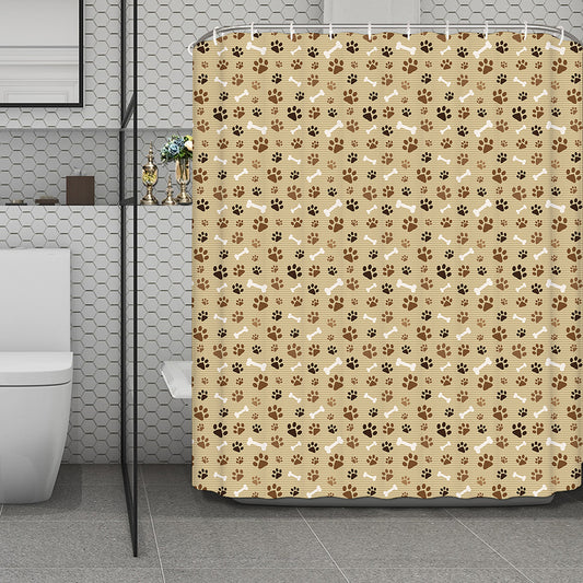 Beige Paw And Bone Pattern Print Polyester Shower Curtain