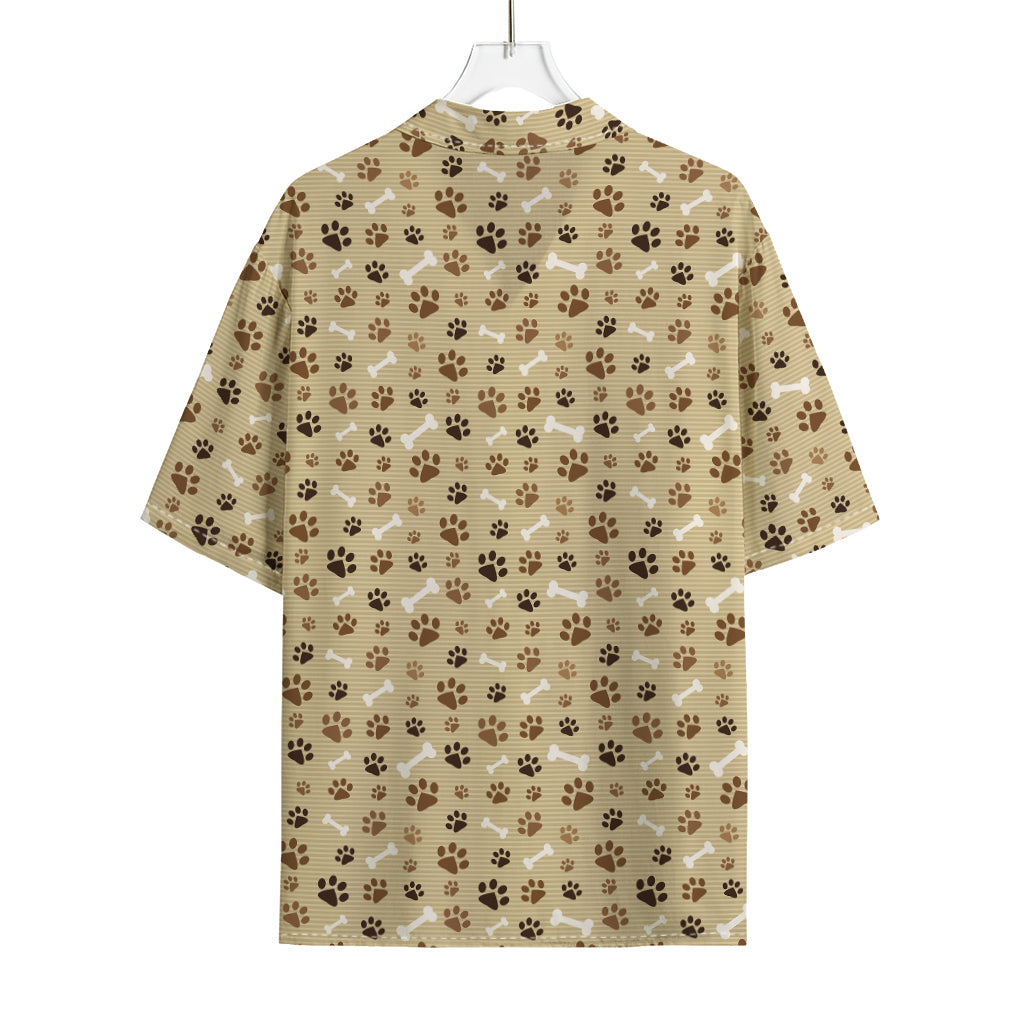 Beige Paw And Bone Pattern Print Rayon Hawaiian Shirt