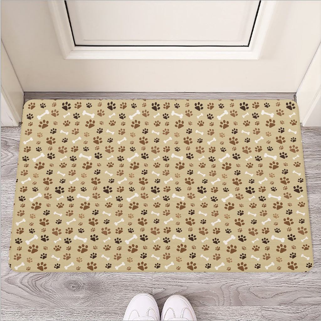 Beige Paw And Bone Pattern Print Rubber Doormat