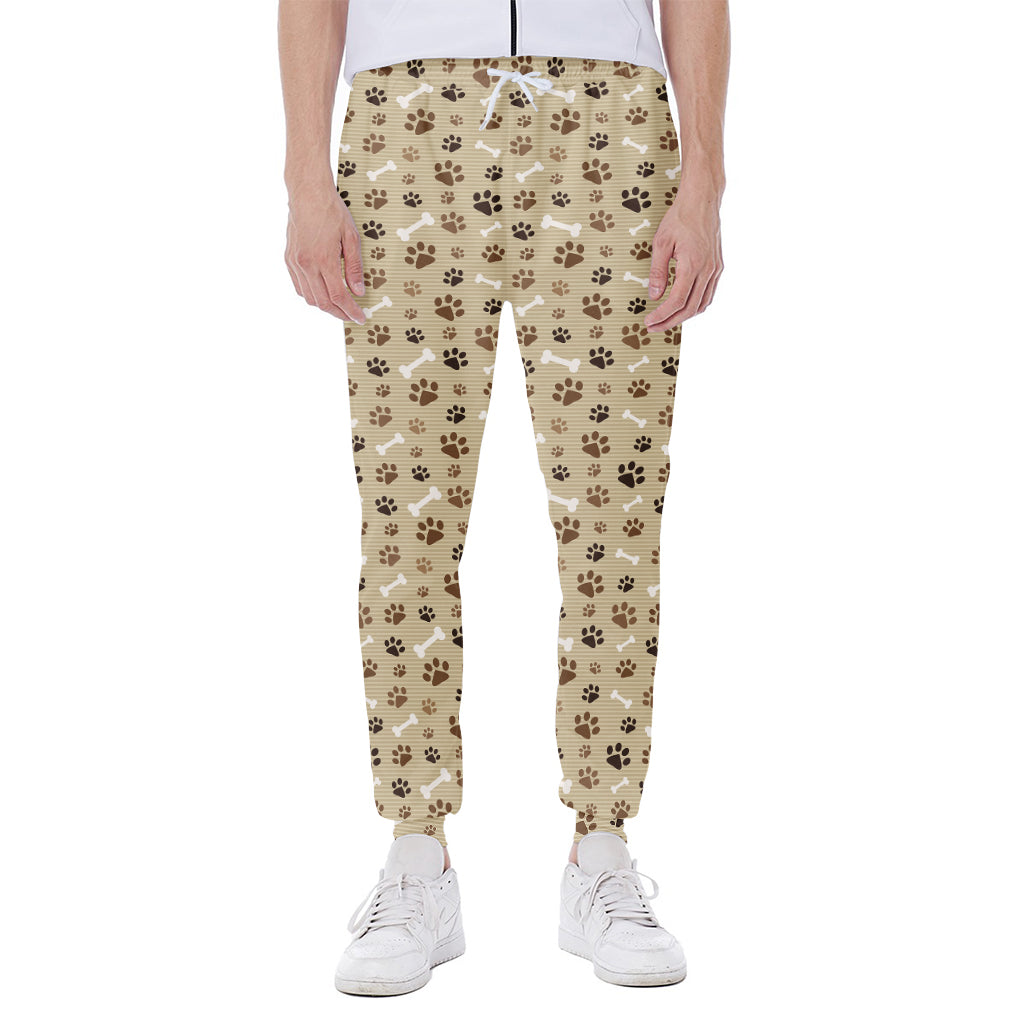 Beige Paw And Bone Pattern Print Scuba Joggers