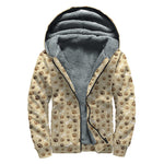 Beige Paw And Bone Pattern Print Sherpa Lined Zip Up Hoodie