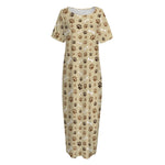 Beige Paw And Bone Pattern Print Short Sleeve Long Nightdress