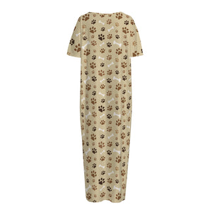 Beige Paw And Bone Pattern Print Short Sleeve Long Nightdress