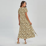 Beige Paw And Bone Pattern Print Short Sleeve Maxi Dress