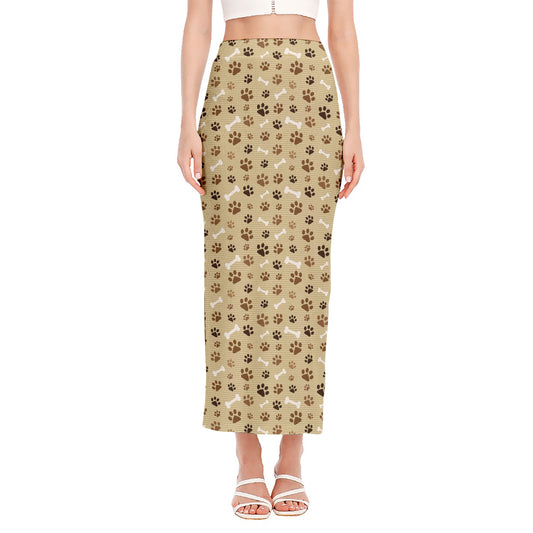 Beige Paw And Bone Pattern Print Side Slit Maxi Skirt