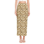 Beige Paw And Bone Pattern Print Side Slit Maxi Skirt