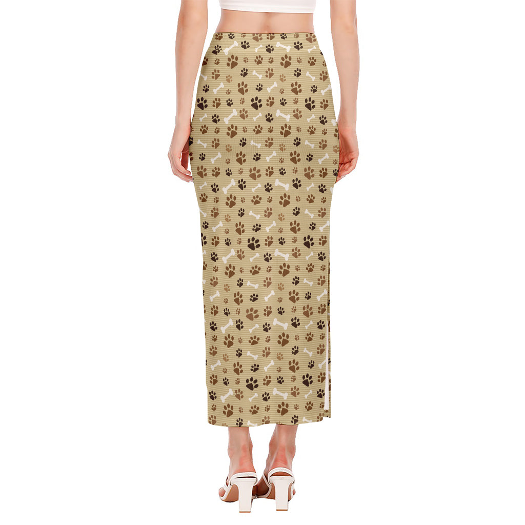 Beige Paw And Bone Pattern Print Side Slit Maxi Skirt