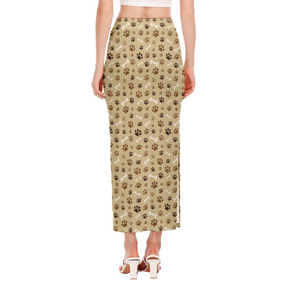 Beige Paw And Bone Pattern Print Side Slit Maxi Skirt