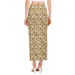 Beige Paw And Bone Pattern Print Side Slit Maxi Skirt