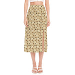 Beige Paw And Bone Pattern Print Side Slit Midi Skirt