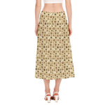 Beige Paw And Bone Pattern Print Side Slit Midi Skirt