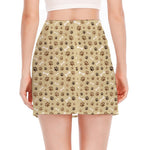 Beige Paw And Bone Pattern Print Side Slit Mini Skirt
