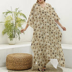 Beige Paw And Bone Pattern Print Silk V-Neck Kaftan Dress