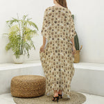 Beige Paw And Bone Pattern Print Silk V-Neck Kaftan Dress