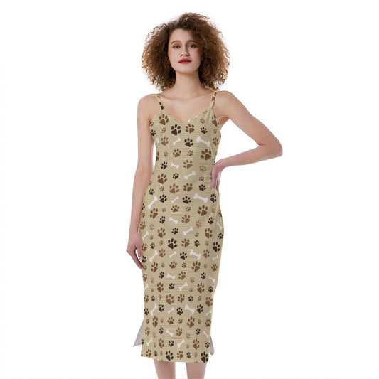 Beige Paw And Bone Pattern Print Slim Fit Midi Cami Dress