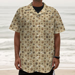 Beige Paw And Bone Pattern Print Textured Short Sleeve Shirt