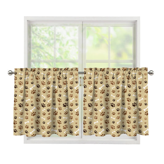 Beige Paw And Bone Pattern Print Tier Curtains