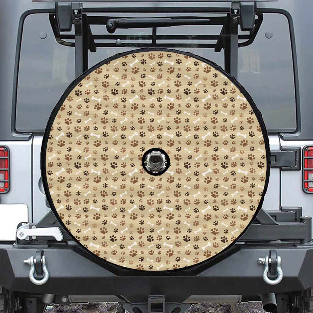 Beige Paw And Bone Pattern Print Tire Cover With Camera Hole