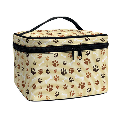 Beige Paw And Bone Pattern Print Travel Makeup Bag