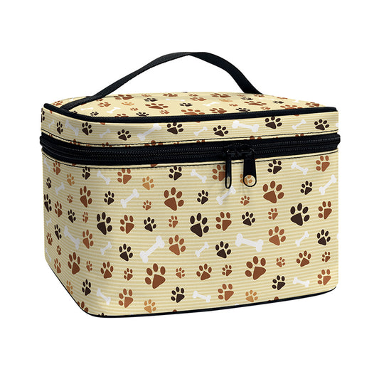 Beige Paw And Bone Pattern Print Travel Makeup Bag