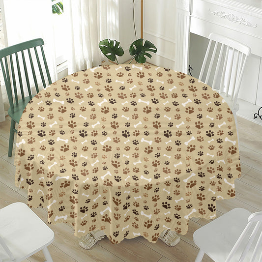 Beige Paw And Bone Pattern Print Waterproof Round Tablecloth