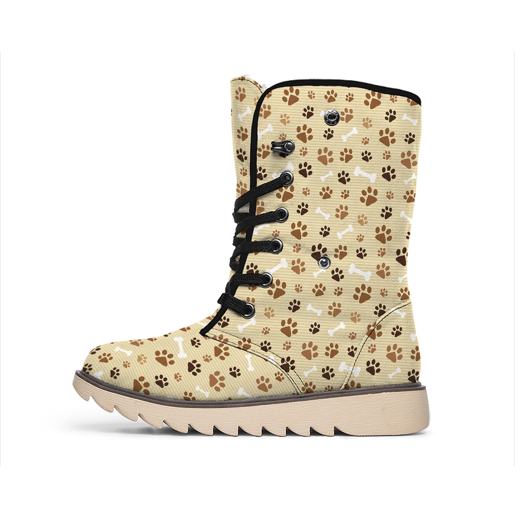 Beige Paw And Bone Pattern Print Winter Boots