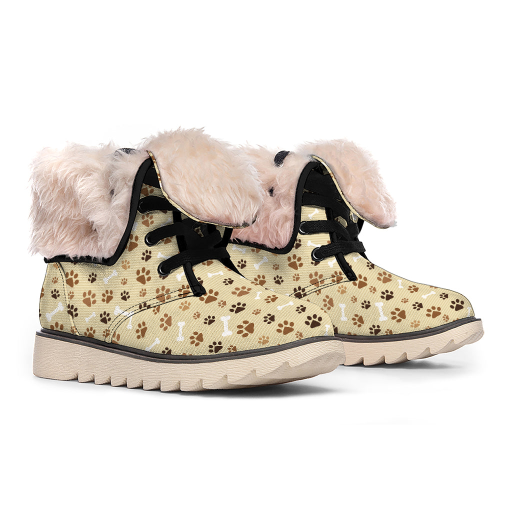 Beige Paw And Bone Pattern Print Winter Boots