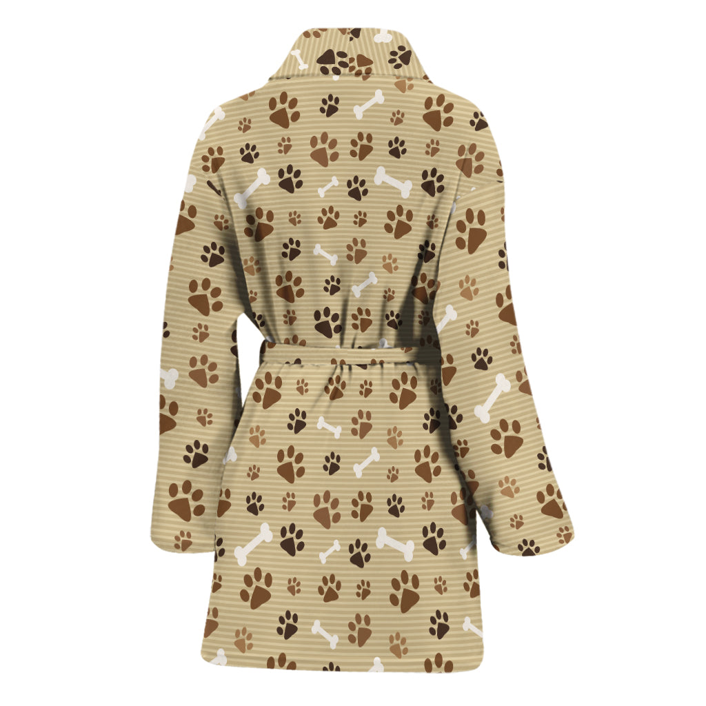 Beige Paw And Bone Pattern Print Women's Bathrobe