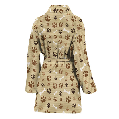 Beige Paw And Bone Pattern Print Women's Bathrobe