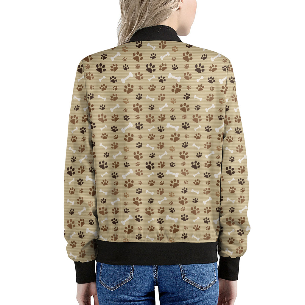 Beige Paw And Bone Pattern Print Women's Bomber Jacket