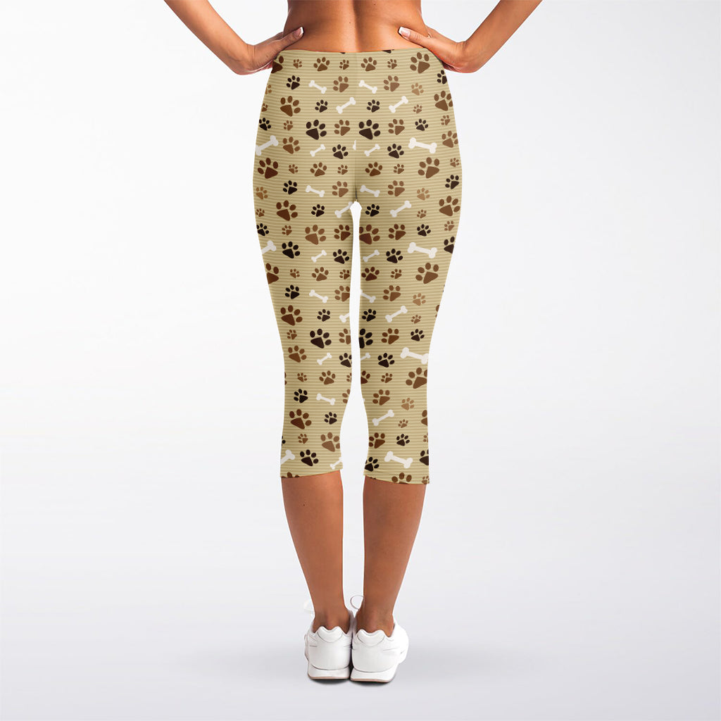 Beige Paw And Bone Pattern Print Women's Capri Leggings