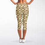 Beige Paw And Bone Pattern Print Women's Capri Leggings