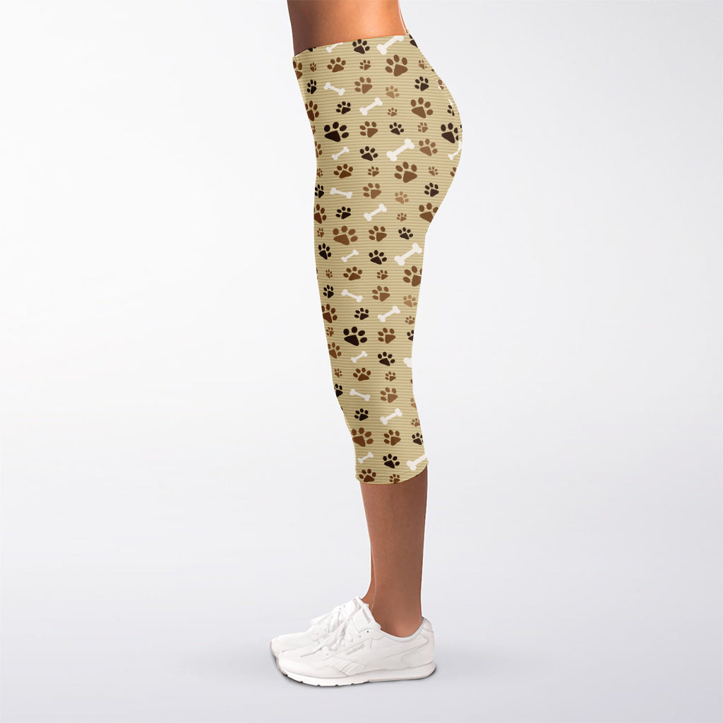 Beige Paw And Bone Pattern Print Women's Capri Leggings