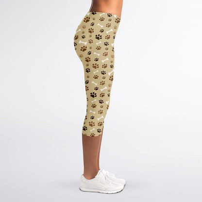 Beige Paw And Bone Pattern Print Women's Capri Leggings