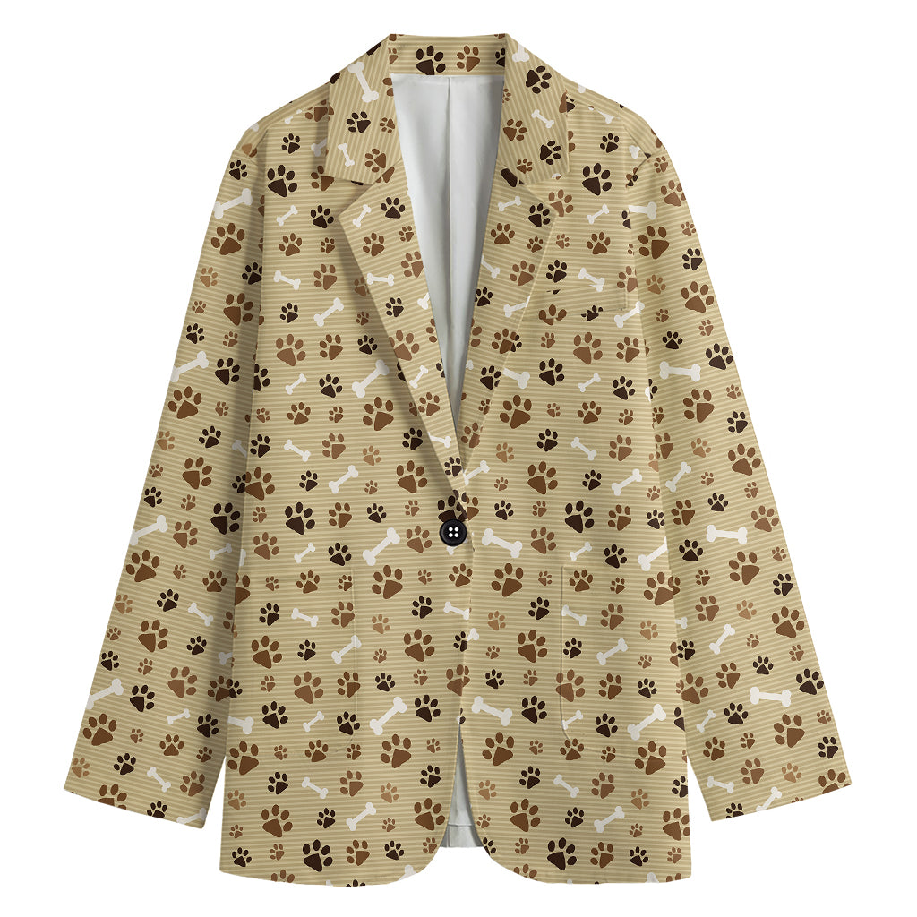 Beige Paw And Bone Pattern Print Women's Cotton Blazer