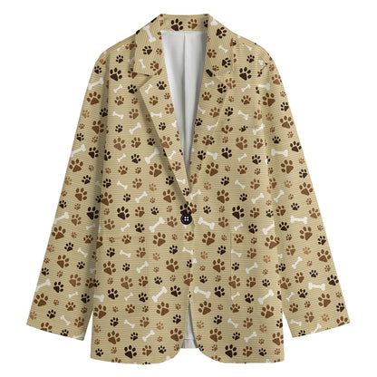 Beige Paw And Bone Pattern Print Women's Cotton Blazer