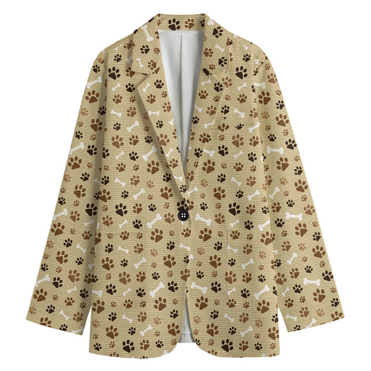 Beige Paw And Bone Pattern Print Women's Cotton Blazer