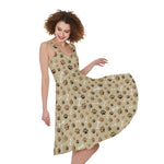 Beige Paw And Bone Pattern Print Women's Sleeveless Dress