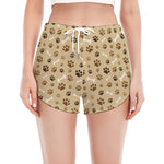 Beige Paw And Bone Pattern Print Women's Split Running Shorts