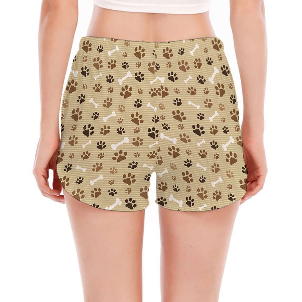 Beige Paw And Bone Pattern Print Women's Split Running Shorts