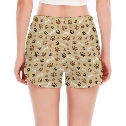 Beige Paw And Bone Pattern Print Women's Split Running Shorts