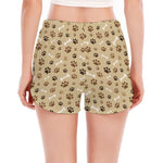 Beige Paw And Bone Pattern Print Women's Split Running Shorts