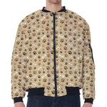 Beige Paw And Bone Pattern Print Zip Sleeve Bomber Jacket