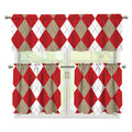 Beige Red And White Argyle Pattern Print 3 Piece Kitchen Curtains