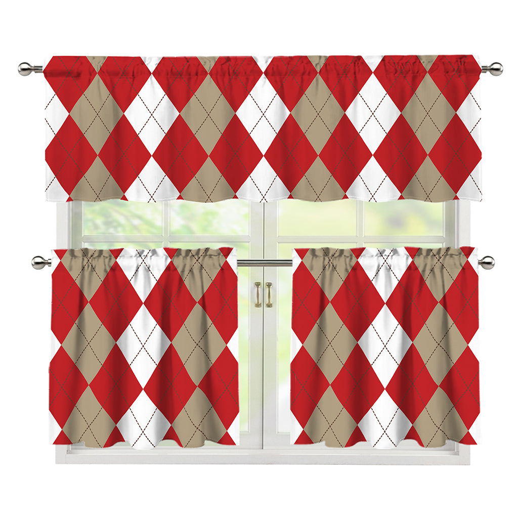Beige Red And White Argyle Pattern Print 3 Piece Kitchen Curtains
