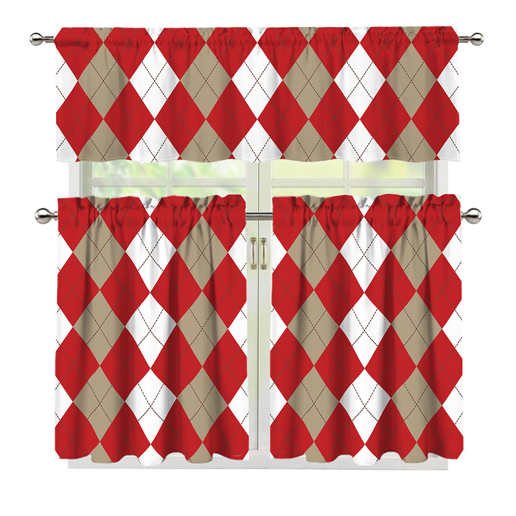 Beige Red And White Argyle Pattern Print 3 Piece Kitchen Curtains