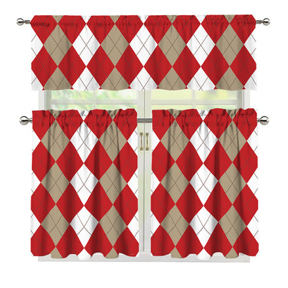 Beige Red And White Argyle Pattern Print 3 Piece Kitchen Curtains