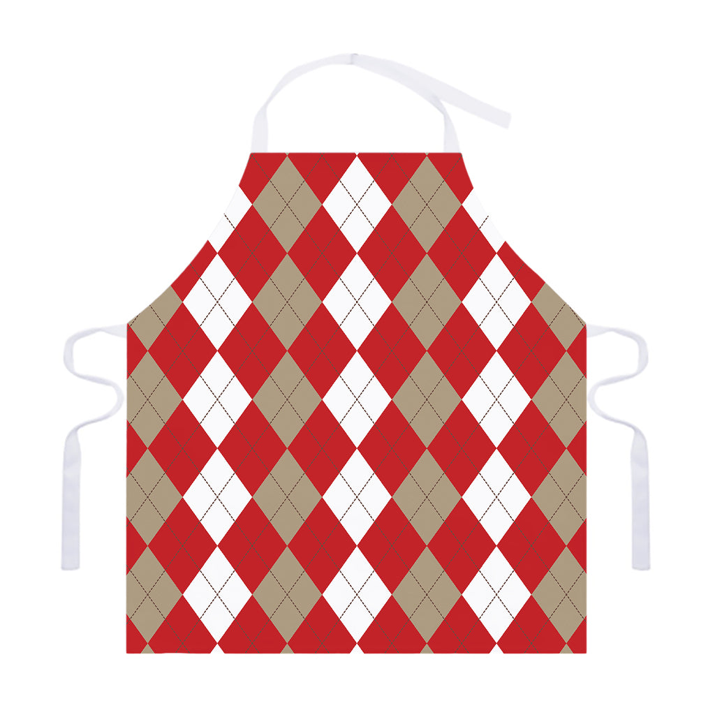 Beige Red And White Argyle Pattern Print Adjustable Apron